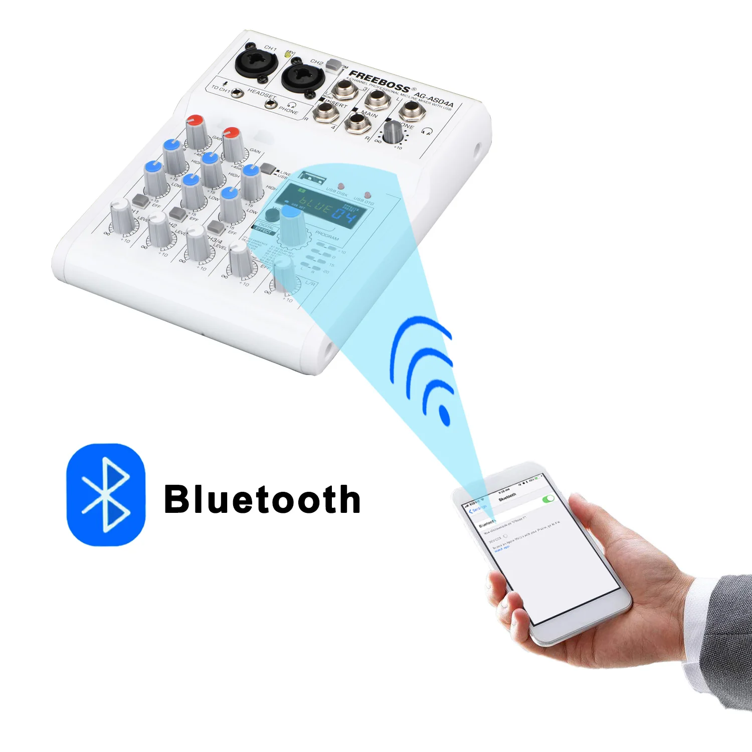 FREEBOSS AG-AS04A 4 채널 DC 5V Bluetooth 모바일 컴퓨터 USB 재생 및 기록 88 DSP 효과 Echo Reverb 개인 오디오 믹서