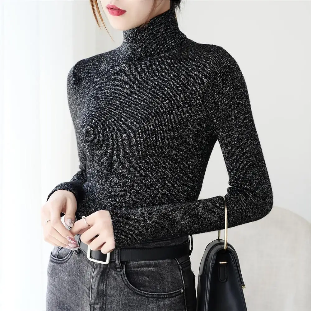 gkfnmt Shiny Lurex Turtleneck Sweater Women Knitted Warm Pullover Sweaters Long Sleeve Autumn Winter Slim Jumper Soft Pull Femme