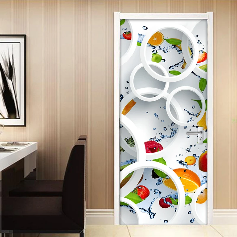 

3D White Circles Fruit Door Sticker Wallpaper Restaurant Kitchen Waterproof Self-adhesive Door Stickers Home Decor Wall Mural