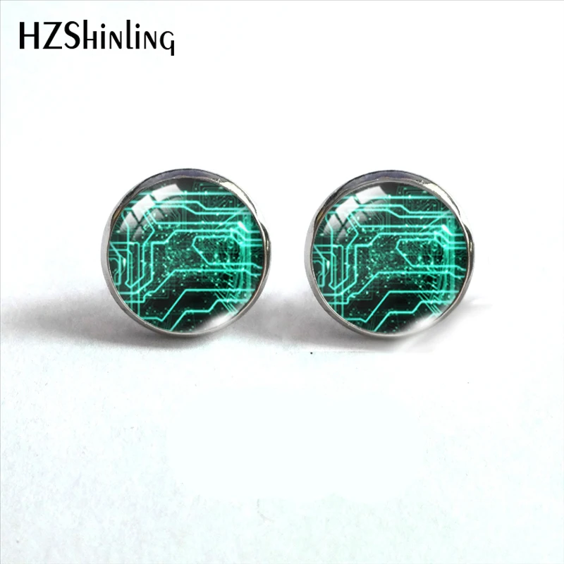 2020 New Computer Circuit Board Stud Earring Cute Earrings Hand made Glass Cabochon Art Photo Jewelry