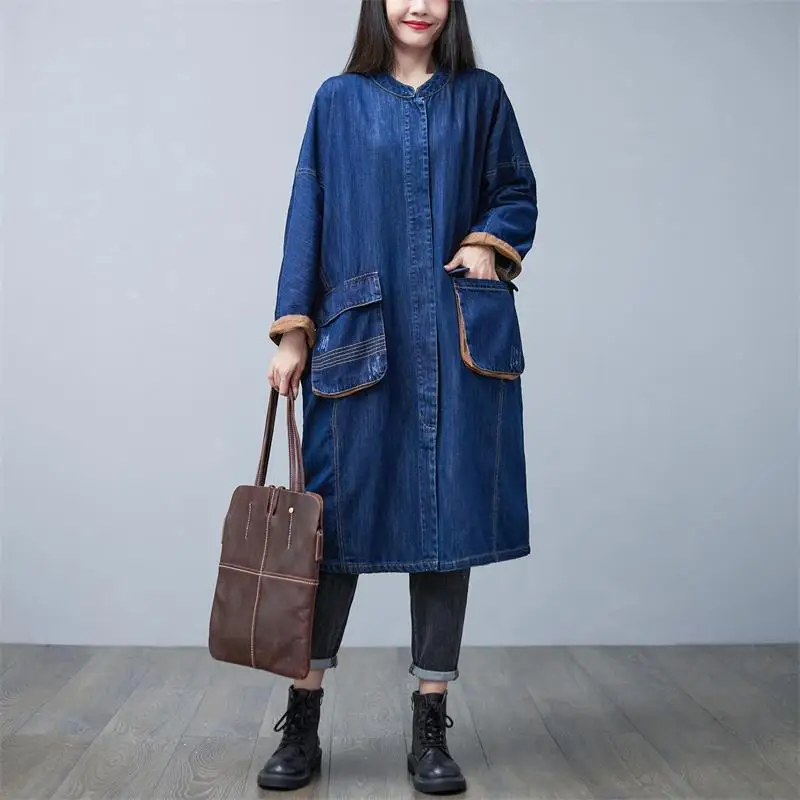 

Free Shipping New Fashion Loose Straight Full Sleeve Spring Autumn Knee Length Outerwear With Pockets Denim Single Breasted