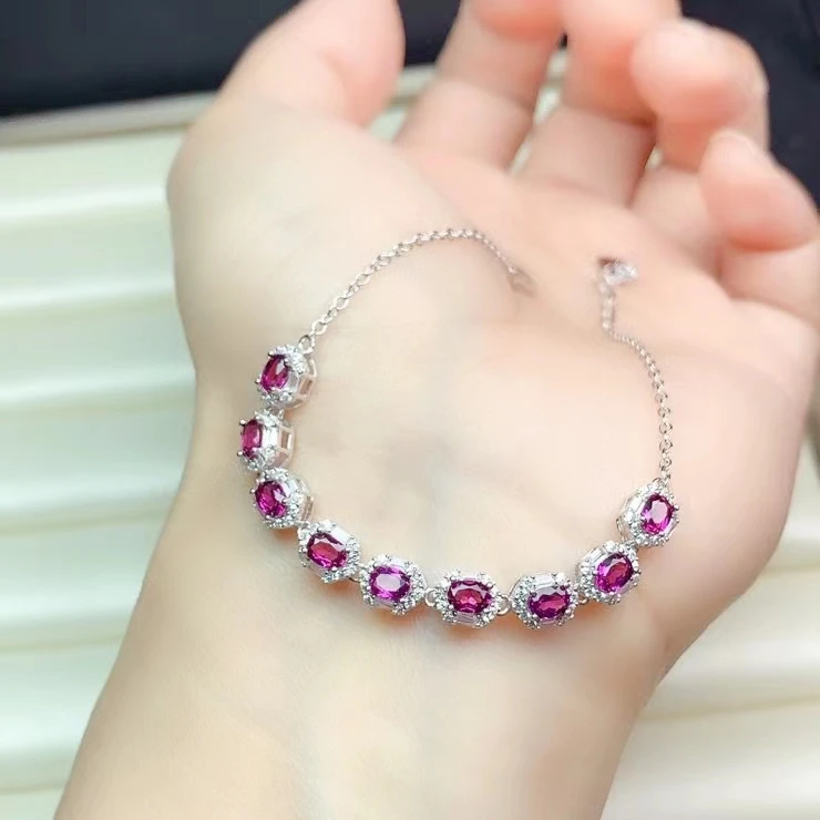 KJJEAXCMY-925 Sterling Silver Bracelet Women, Fine Jewelry, Inlaid Natural Pyrope, Garnet, Simple Classic Gem, Hand Bracelet,