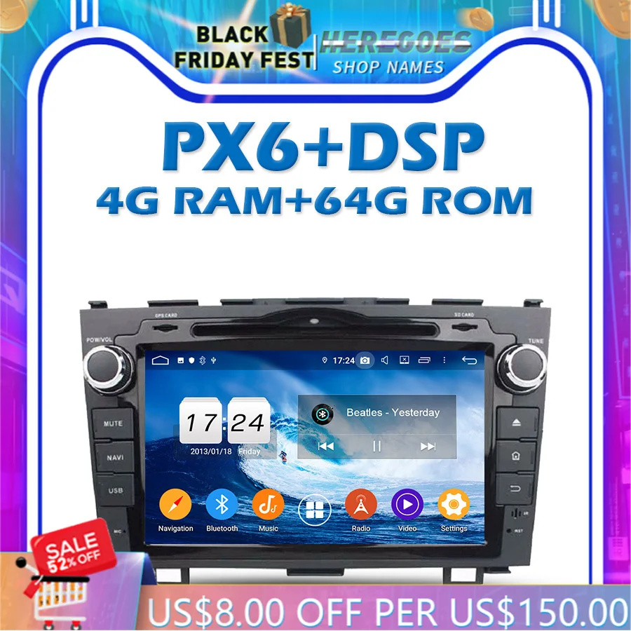 

1280*720 PX6 2DIN автомобильный DVD плеер DSP IPS Android 10,0 4G + 64G GPS Google Радио RDS Wi-Fi Bluetooth 5,0 для Хонда сrv 2006-2011