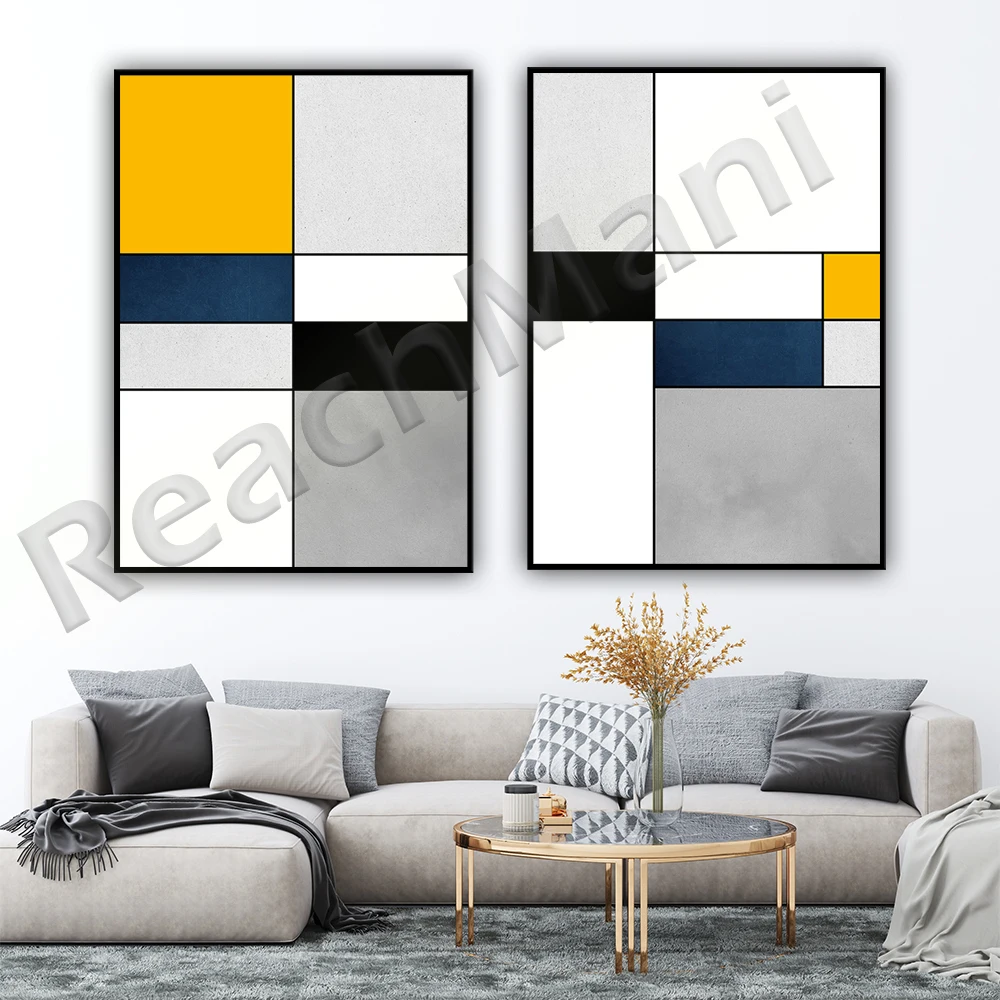 مجردة هندسية جدار الفن يطبع منتصف القرن الفن الحديث الأزرق الداكن أسود أصفر الفن للطباعة باوهاوس الملصقات