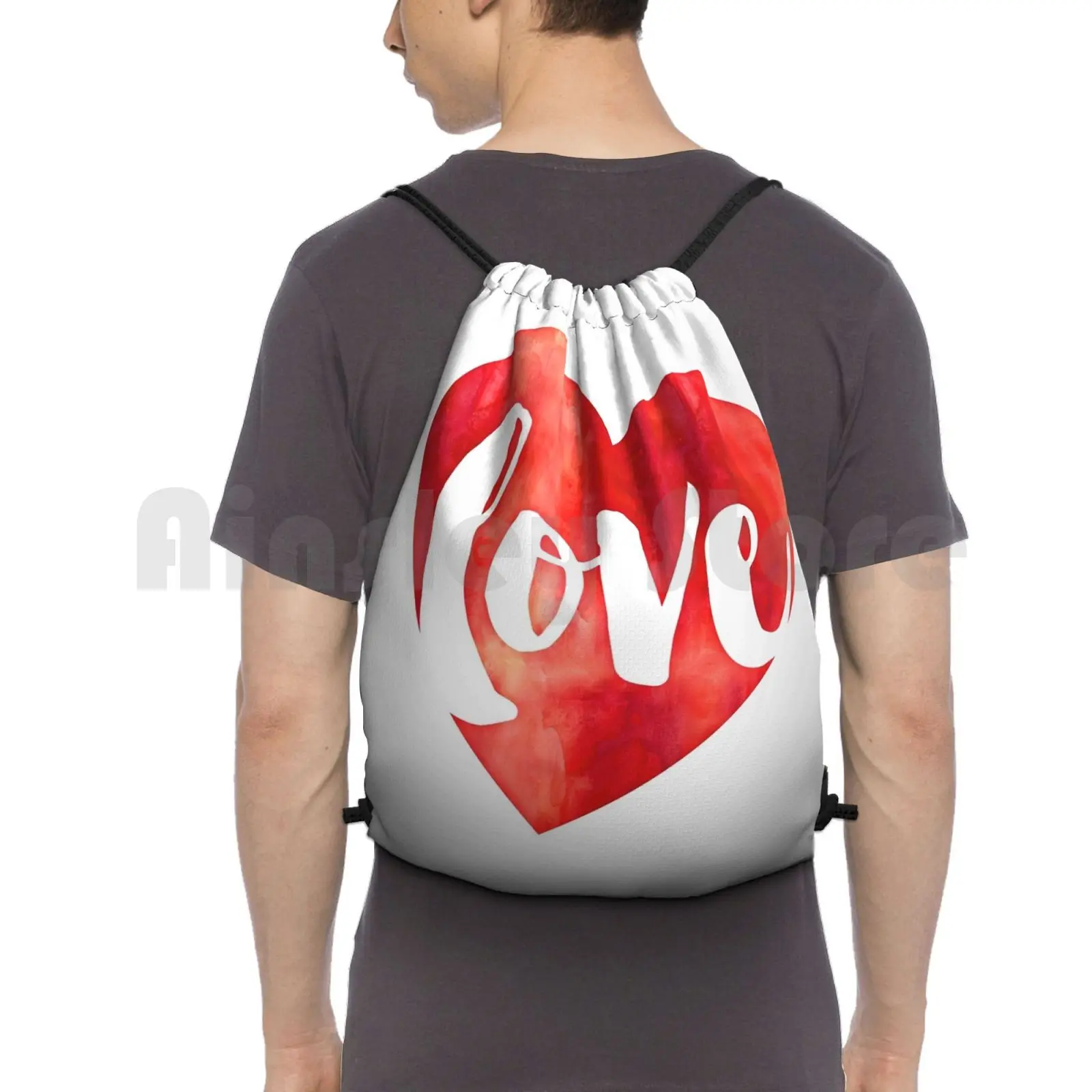 Watercolour Love Heart Modern Brush Script Typography Backpack Drawstring Bags Gym Bag Waterproof Simple Modern Trendy