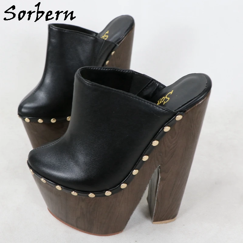 Sorbern Punk Rivets Women Pump Block Heels Mules Unisex Studs Side Slip On Cork Style Wrapped Chunky Heel Platform Thick Shoe