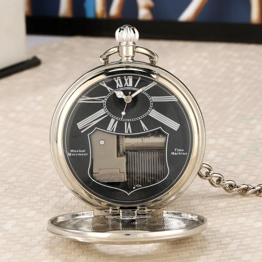 Swan Lake/Castle in the Sky Musical Antique Pocket Watch  Music Pendant Clock Vintage Roman Numerals Display Cover Pocket Clock