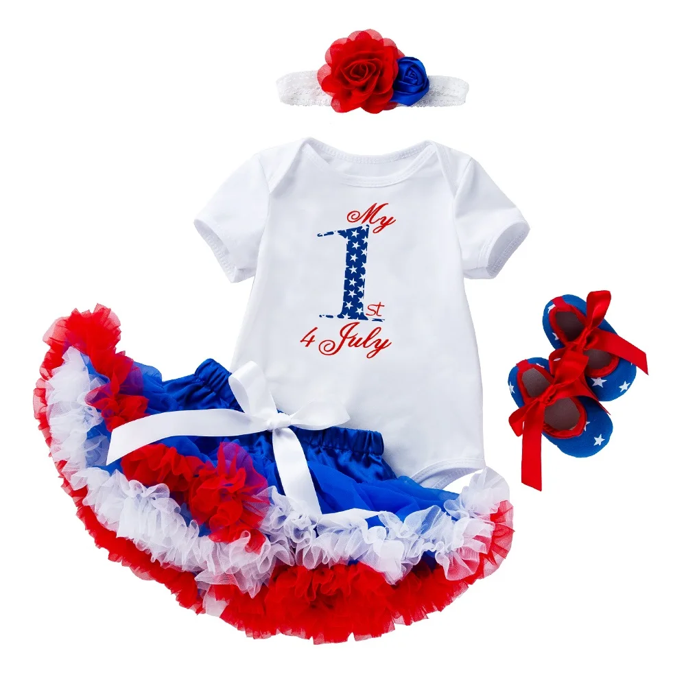 Toddler Summer 4Pcs Newborn Baby Girls American Flag July 4th Bodysuit Headband Outfits Short Sleeve Holiday Clothes Infant Kids