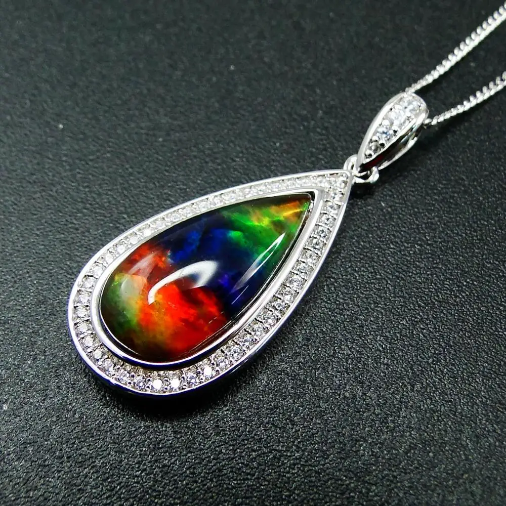 

Hot Selling 925 Sterling Silver Ammolite Pendant Natural Multi Color MOP Tear Drop Pendant Necklace For Women Gift