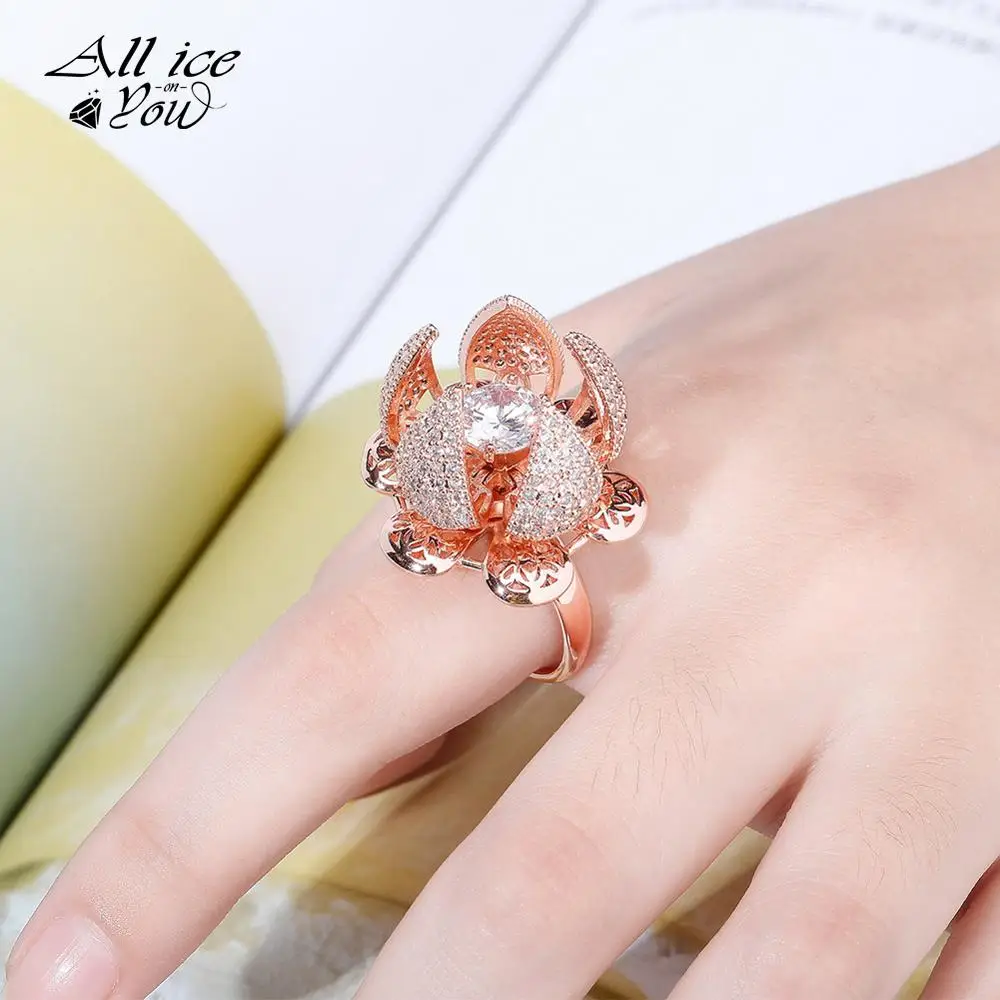 ALLICEONYOU Best Quality Fashion Street AAA Cubic Zirconia Adjustable Flower Iced Out Women Ring CZ Hip Hop  Jewelry Gifts