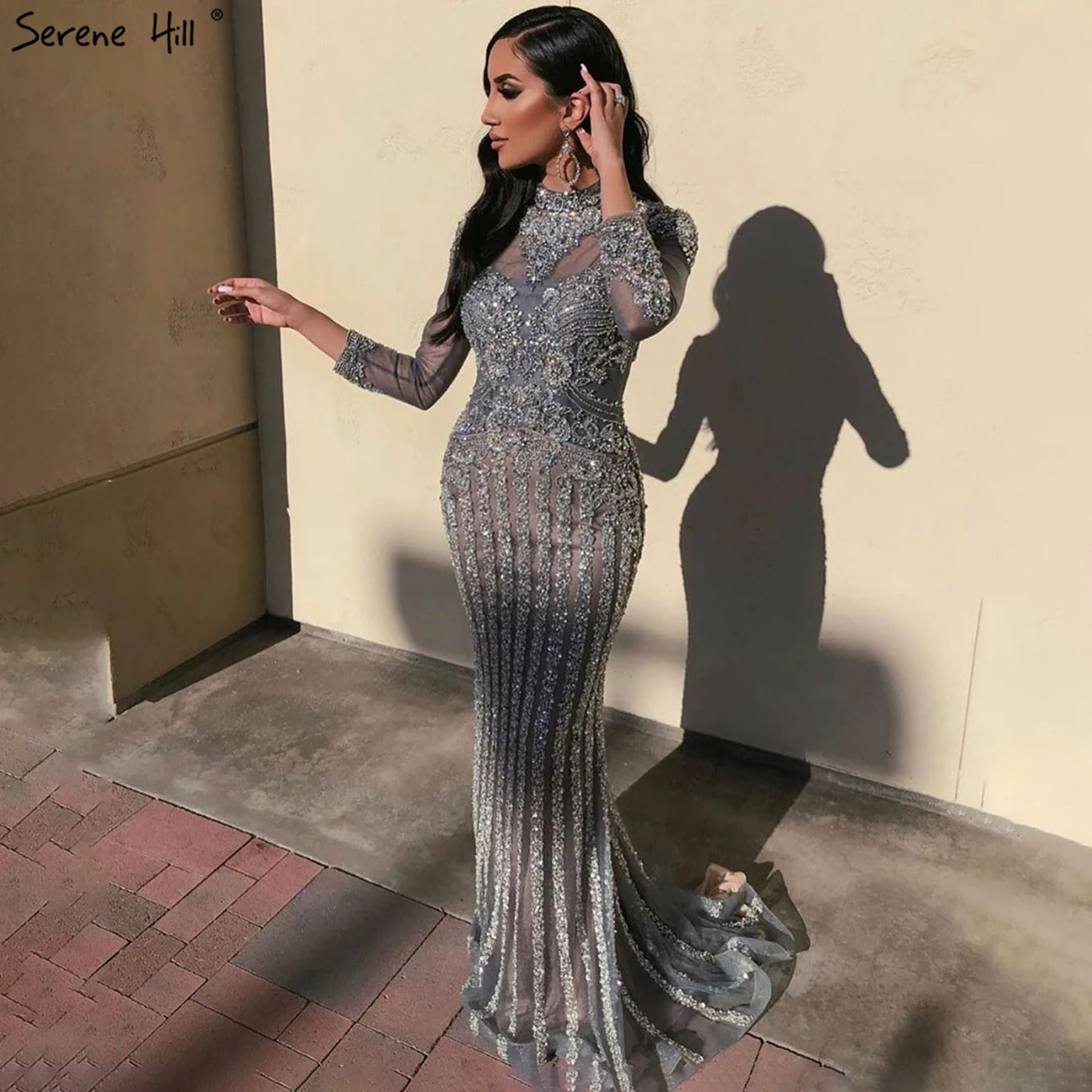 SERENE HILL Customized 2025 Gray Luxury Beaded Mermaid Evening Dress Modest For Muslim Women Wedding Party Gown CLA70199