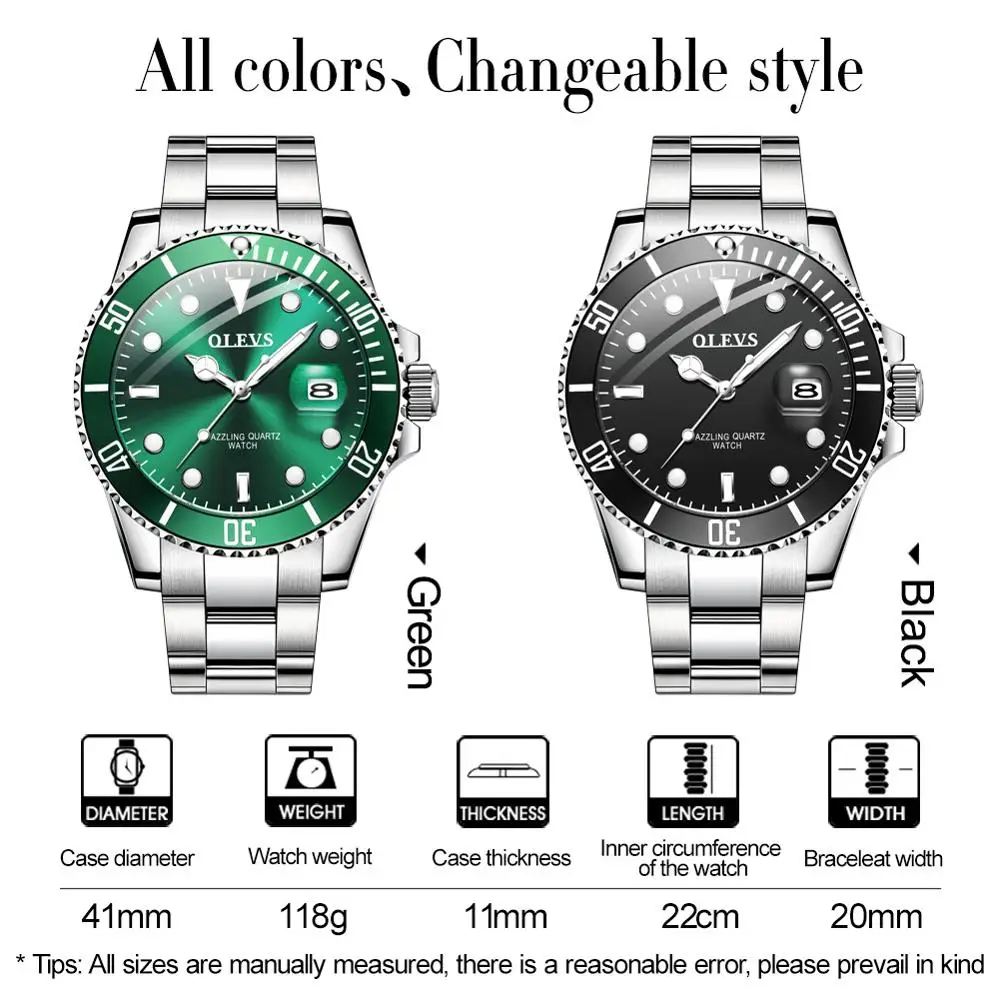 Olevs relógios masculinos marca de luxo moda à prova dwaterproof água luminosa mão verde dial quartzo esportes relógio pulso presentes para homem