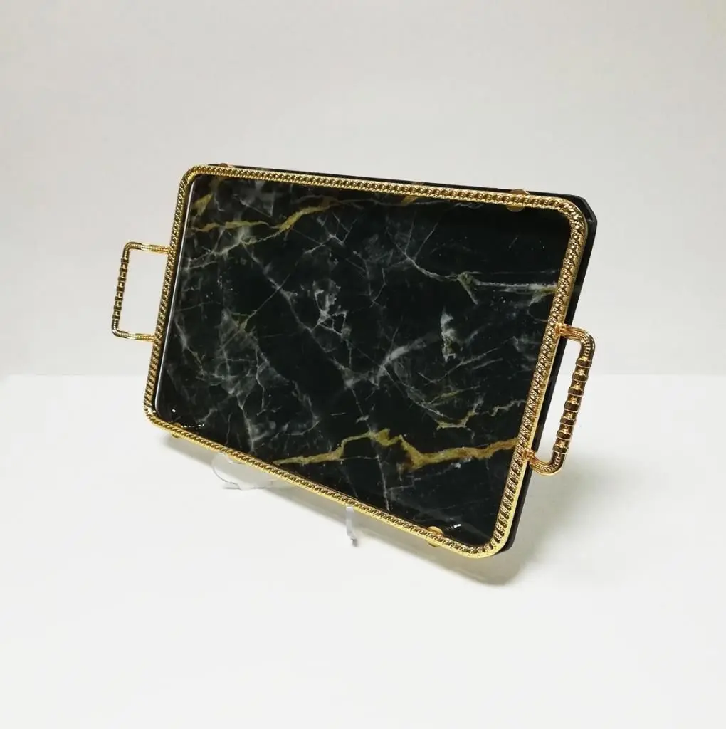 

DOLBOVI Big size Gold Black Marble Patterned Glass Marbled tray 42*25 * h5 cm tray поднос plateau de service