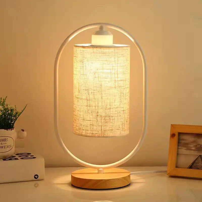 Wooden Table Lamp New Chinese Style Bedside Light LED Fabric Vintage Desk Lights for Living Room Study Room Decorative