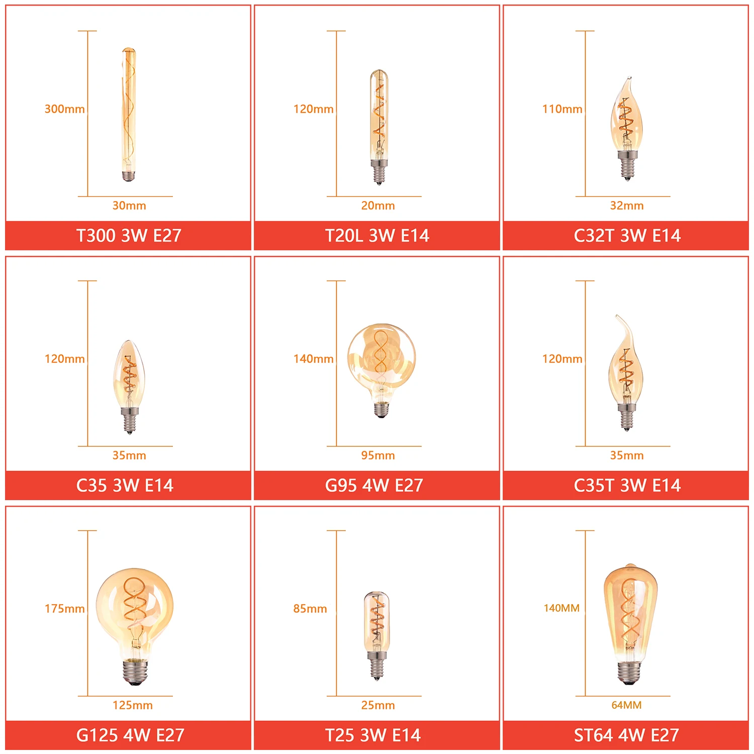 Retro Vintage Lamps 4W 2200K Spiral Light LED Filament Bulb C35 T25 ST64 G80 G95 G125 Decorative Lighting Dimmable Edison Lamp