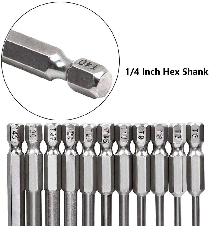 11 Pieces 1/4 Inch Hex Shank T6-T40 4 Inch Length S2 Steel Torx Security Head Screwdriver Drill Set Bits, 100mm/3.93 Inch Long