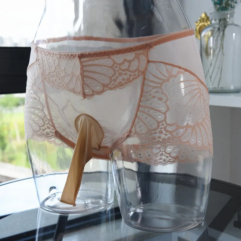 Gay Wear Lace Transparent Boxer U Convex Pouch Penis Sheath cock Ring See Through Underwear Sexy Homme Gay Fetish Underpants