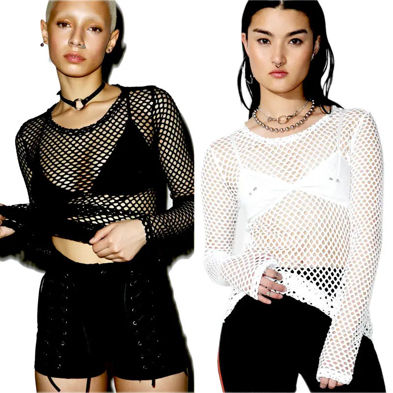 Sexy Sheer Mesh Fishnet Long Sleeve Tops Women T shirt Perspective Tee Shirt Solid Black White vestidos