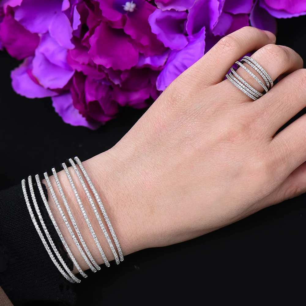 

GODKI Trendy Luxury Crossover Statement Bangle Cuff Ring Sets Jewelry Set For Women Wedding Cubic ZirconIA Dubai Party Bracelet