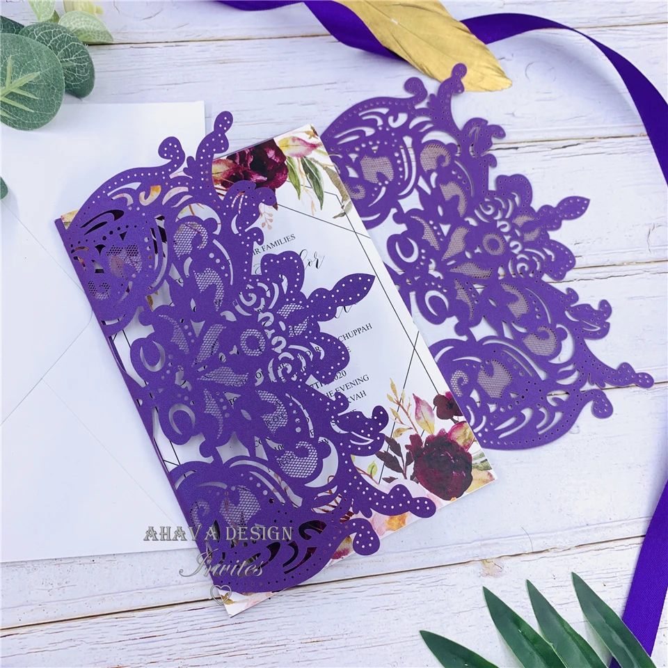 

Purple Laser Cut Warp with Floral on Invitations, Personalized Invites With Bowtie