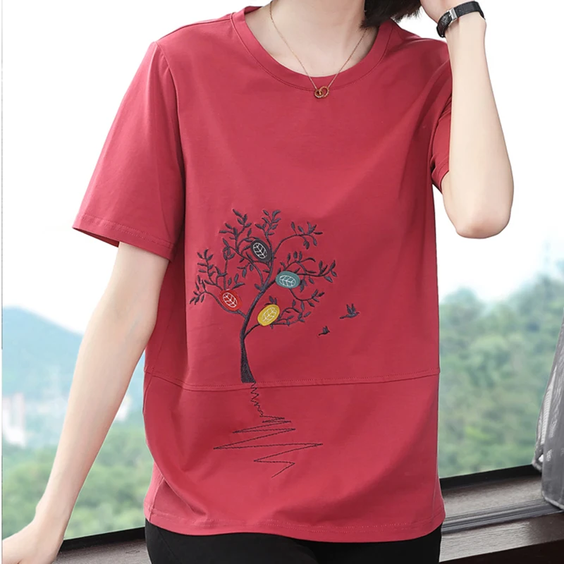 Shintimes Fashion 2021 Embroidery Cartoon T Shirt Women Summer Tops Short Sleeve Woman Clothes Cotton T-Shirt Tee Shirt Femme