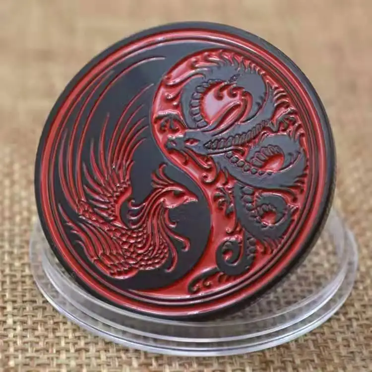 Mysterious Chinese style Yin Yang Dragon & Phoenix  Three-Dimensional Relief Silver Black Commemorative Medal Tai Chi Coin