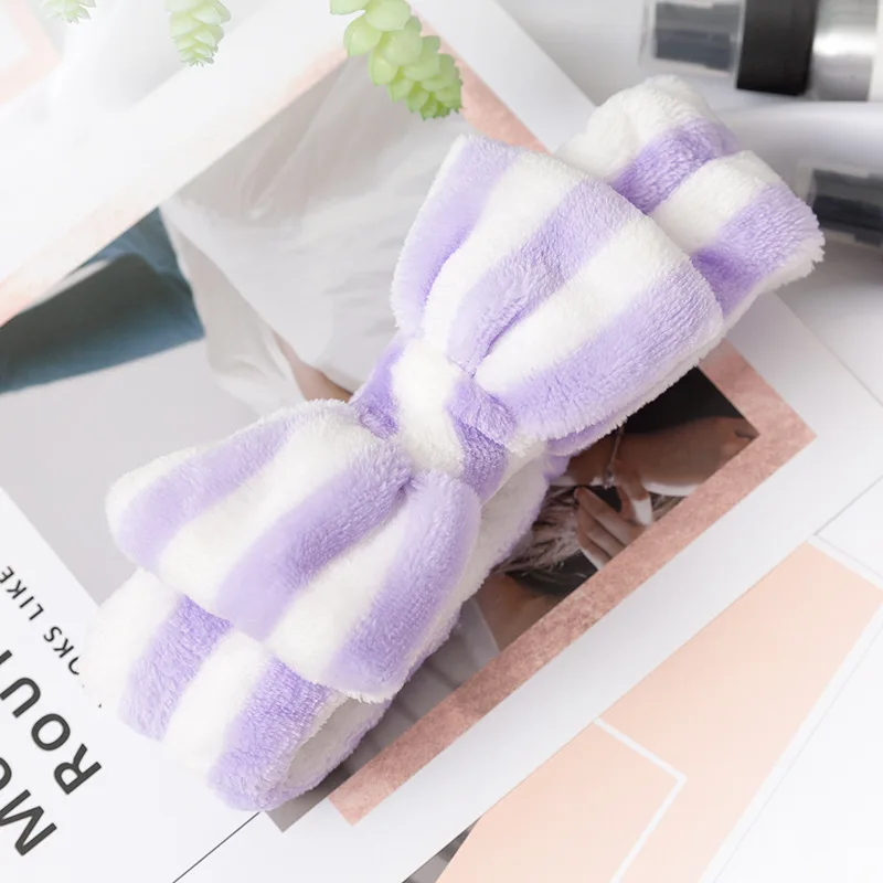 Women Stripes Pattern Soft Skin Care Single PP Bag Packing Coral Fleece Sports Shower Make Up Facial Bow Knot Velvet Headbands