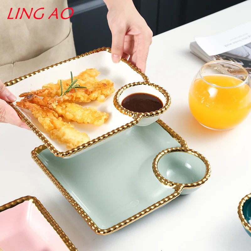 LingAo-Nordic Ceramic Square Dumpling Dish with Vinegar Dish, Creative Round Bead