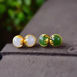 New Silver Inlaid Natural Hetian White Jade Earrings Chinese Style Retro Unique Ancient Gold Craft Charm Women's Brand Jewelry