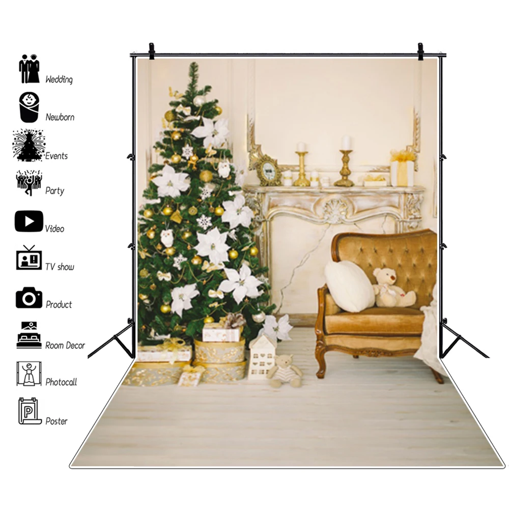 Shiny Christmas Tree Photo Backdrops Wreath Gifts Bears Wooden Floor Photography Backgrounds Room Interior Home Decor Photophone