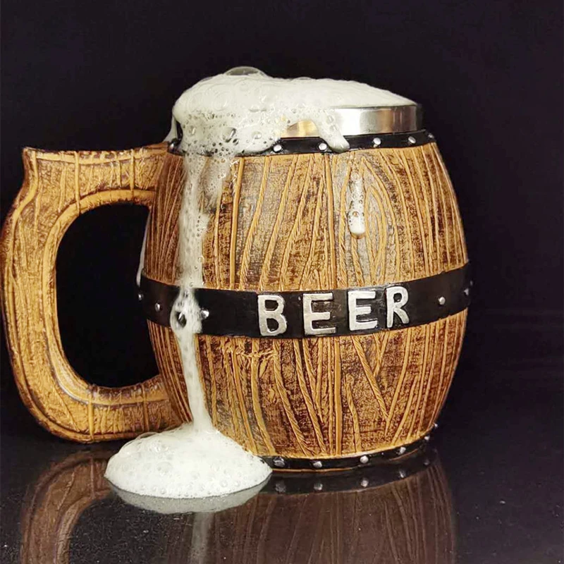 580ML Oak Barrel Style Beer Mug Simulation Wooden Barrel Beer Cup Double Wall Drinking Mug Metal Insulated as Christmas Gift