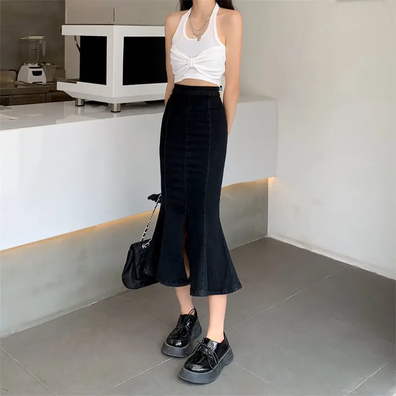 Skirts Women Slim Split Denim Vintage Design Sexy Temperament Trumpet Korean Style Ladies Empire Fashionable College Summer Ins