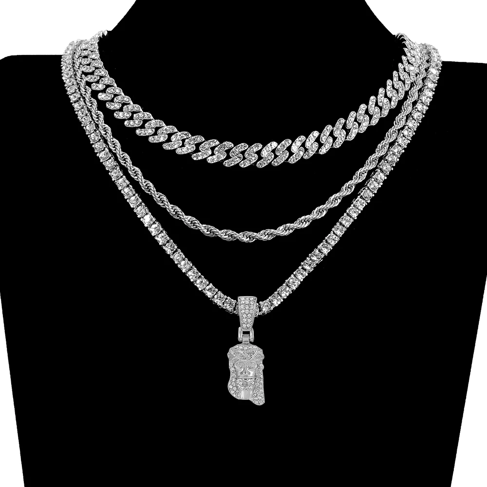 Colgante de cara de cabeza de pieza de Jesucristo para hombres, collar con dije de cristal brillante helado con cadena, joyería de Hip Hop