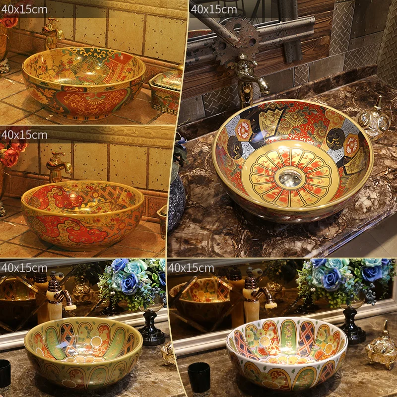 American Retro Pattern Table Basin Art Basin Ceramic Washbasin Antique Inter-Platform Basin Basin round Table Wash Basin