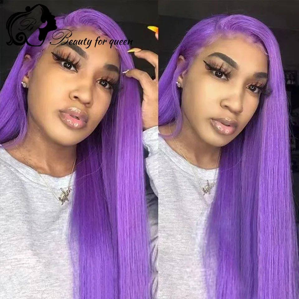 

Brazilian Colored Human Hair Wig High Quality Purple Straight Transparent 13x4 Lace Frontal Wigs Body Wave For Women Wear And Go