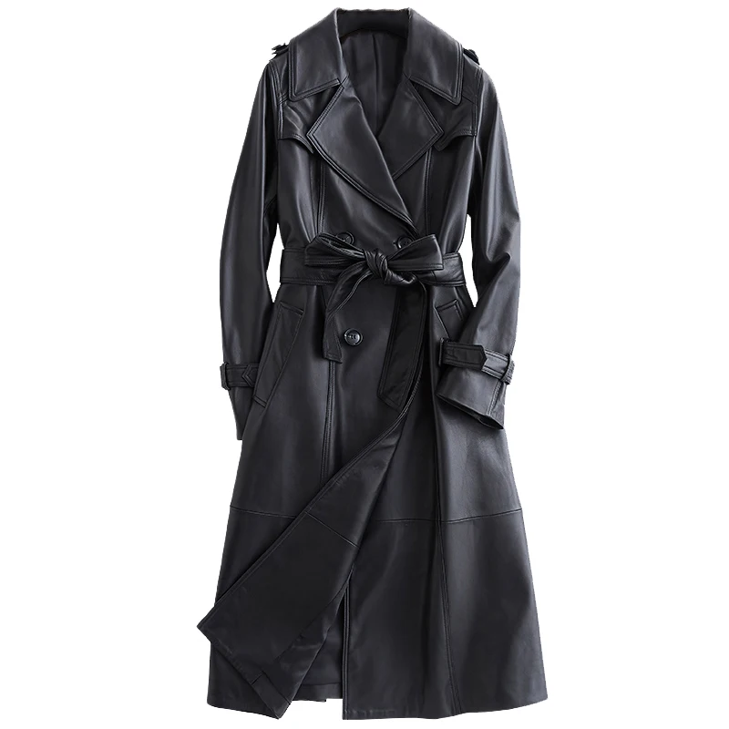 Lautaro Autumn Long Black Leather Trench Coat for Women Long Sleeve Belt Lapel Luxury Spring British Style Outerwear Fashion