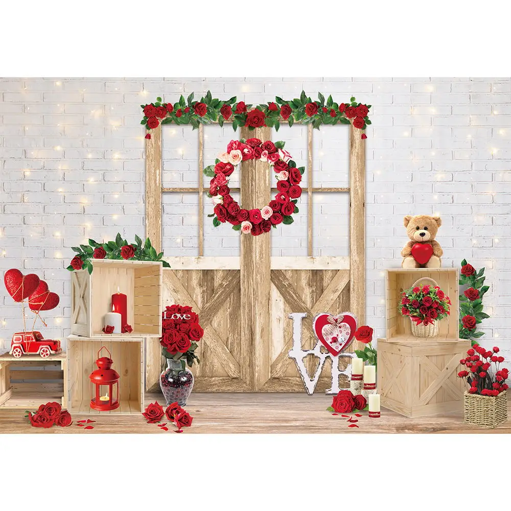 Allenjoy Valentine's Day Backdrop February 14 Wedding Spring Love Flower Wreath Party Brick Wall Glitter Photozone Banner Decor