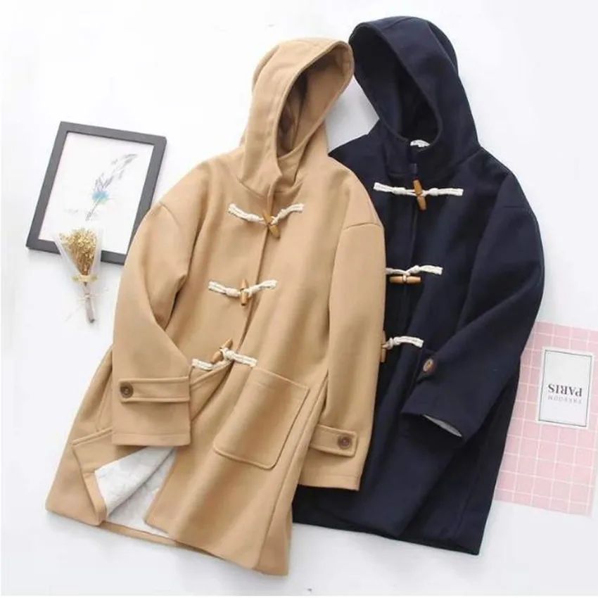 

Sweet college style long woolen coat Horn button new Japanese autumn winter outwear