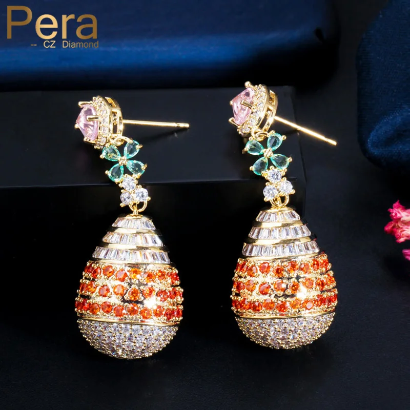 

Pera Luxury Full Light Blue Red CZ Pave Yellow Gold Color Long Water Drop Balls Wedding Party Dangle Earrings for Women E515