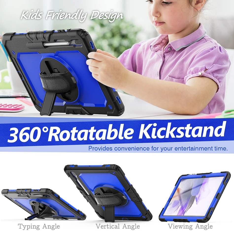 360 Rotation Kickstand Adult Kids Cover for Samsung Galaxy Tab S7 FE 12.4 T730 T736B T735 Silicone Case with Screen Film+Strap