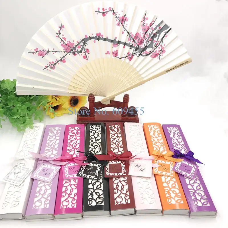 80/100PCS Personalized Cherry Blossom Silk Fan in Gift Box Custom Printing Wedding Name&Date Hand Fan Party Giveaways For Guest