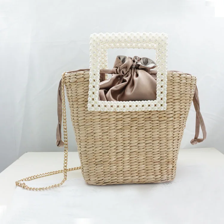 New Bohemian Bag with Pearl Ladies Hand Bags Straw Basket Tote Crossbody Messenger Bag for Womens Handbags and Purses