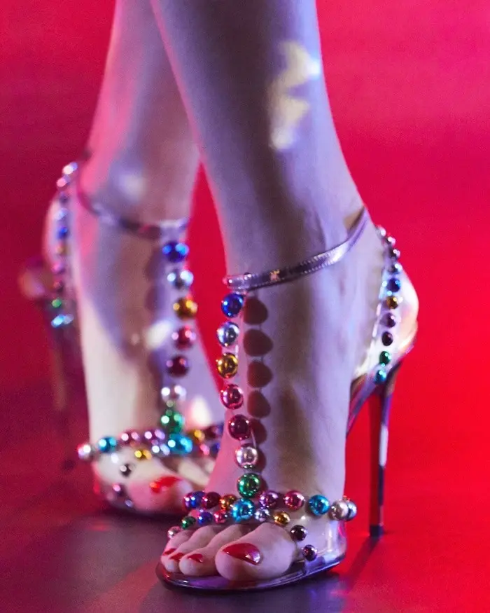 Colorful Bauble-Studded High Heel Sandals Rainbow Studs T-Strap Sandals Women Summer Shoes Embellished Bead PVC Women Sandals