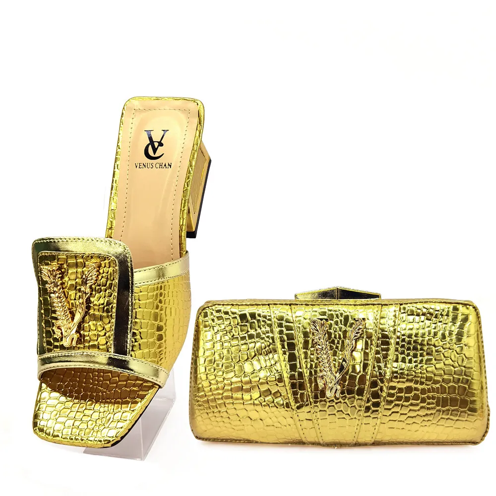 

Golden New Arrivals Nigerian Women Matching Shoes and Bag Set Elegant Style Italian Ladies Party Sandals with Shinning Crystal