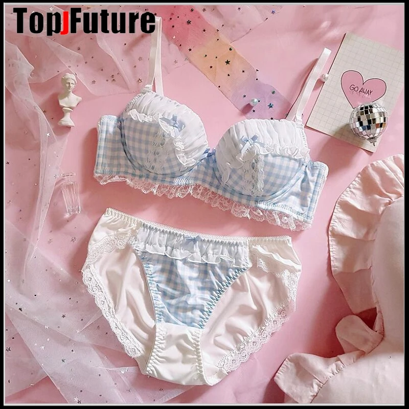 PLUS SIZE Japanese underwear lovely girl sweet blue plaid bubble lace with steel ring, thin large gathered bra suit