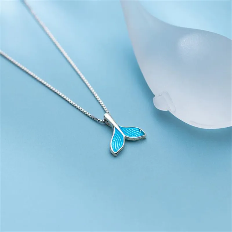 New Korean Style Temperament Mori Mermaid Fashion 925 Sterling Silver Jewelry Blue Fish Tail Personality Pendant Necklaces XL115