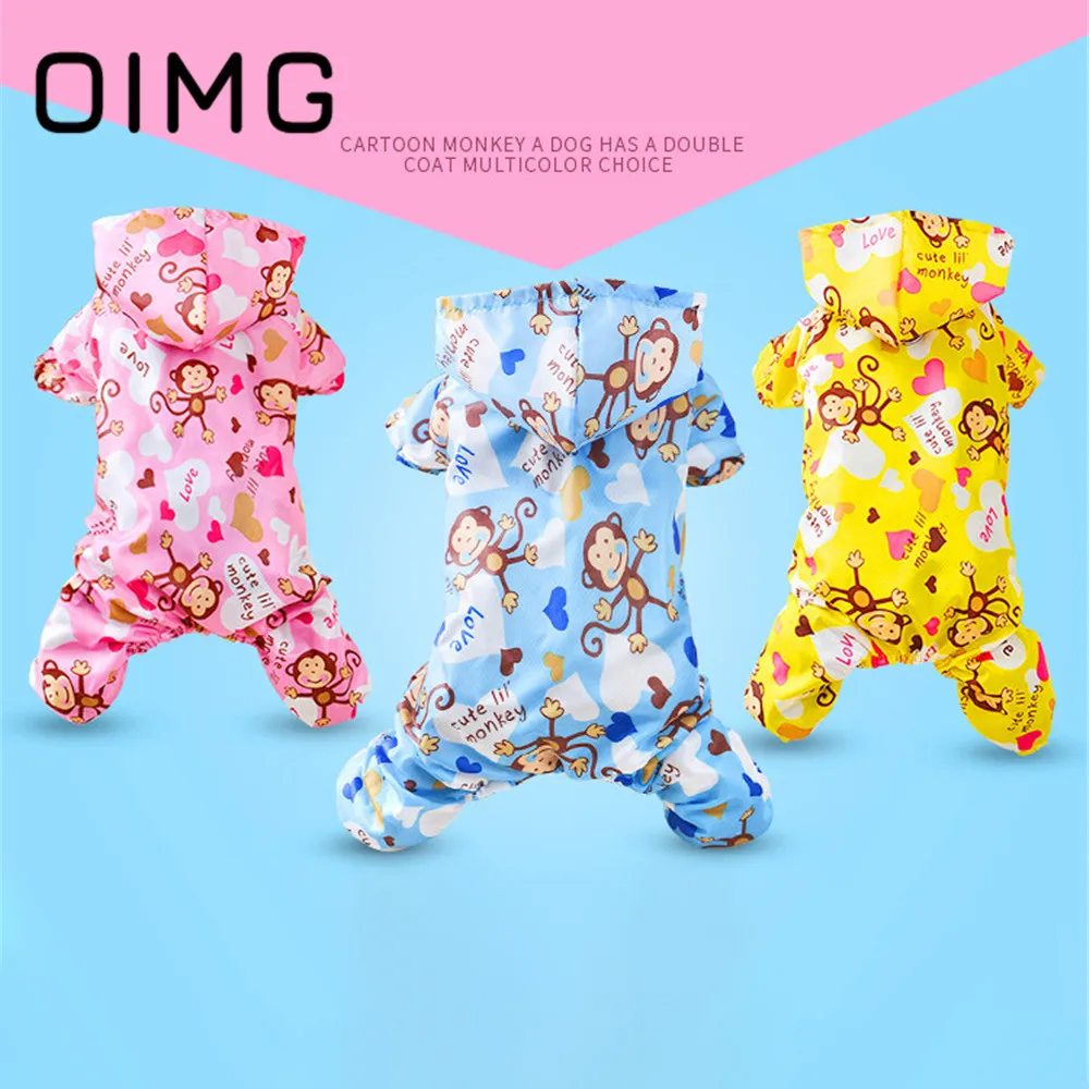 

OIMG Cute Print Dogs Clothes Cartoon Monkey Puppy Raincoat Poodle Waterproof Pet Cats Clothing Four-legged Jacket For Small Dogs