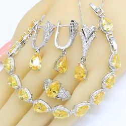 Water Drop Yellow Zircon Dubai Jewelry Sets for Women Bracelet Necklace Pendant Earrings Ring Birthday Gift