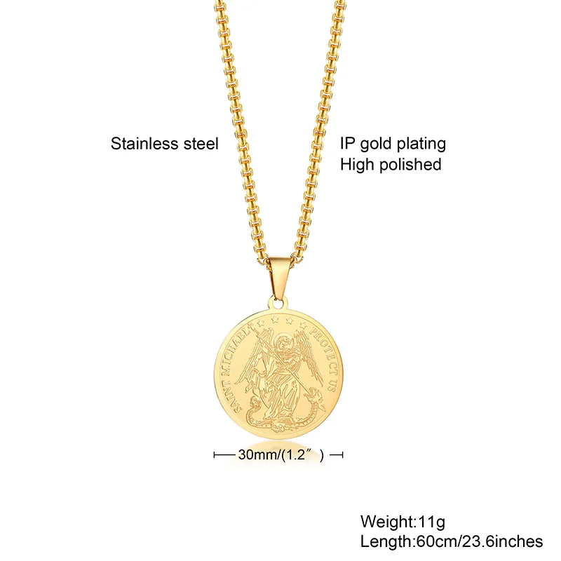 CATHOLIC FAITH MEN'S WHO IS LIKE GOD ST. MICHAEL BADGE MEDAL PENDANT NECKLACE FOR MEN JEWELRY WITH 24INCH