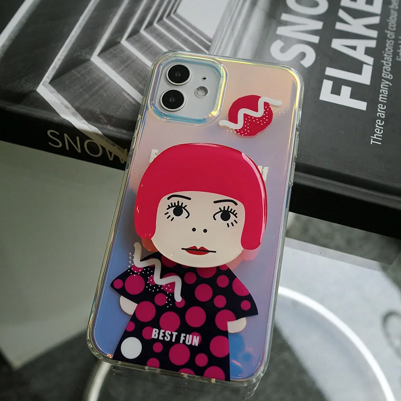 Yayoi Kusama Telefoonhoesje Transparant Zijdig Laser voor Iphone 16 15 14 Pro Max Cover Cartoon Met Standaard